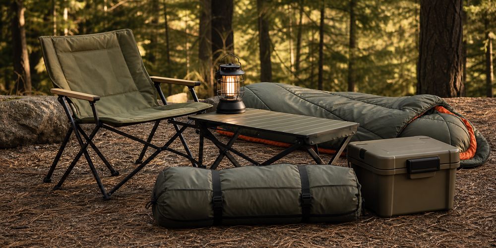 Camping furniture and campsite supplies arranged outdoors