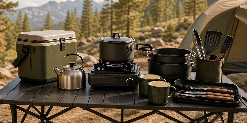 Portable outdoor cookware and camping stove on a table