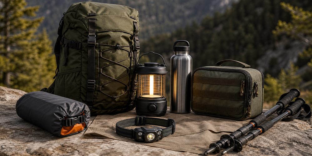 Backpack, trekking poles, lantern and outdoor travel accessories